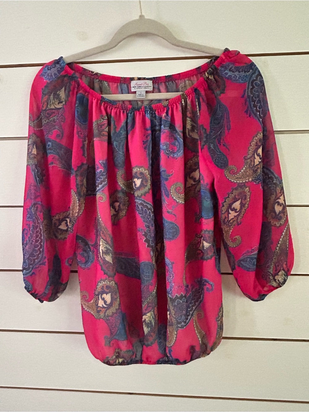 Sweet Pea By Stacy Frati Pink Paisley Sheer Elastic Hem Blouse Women’s Small
